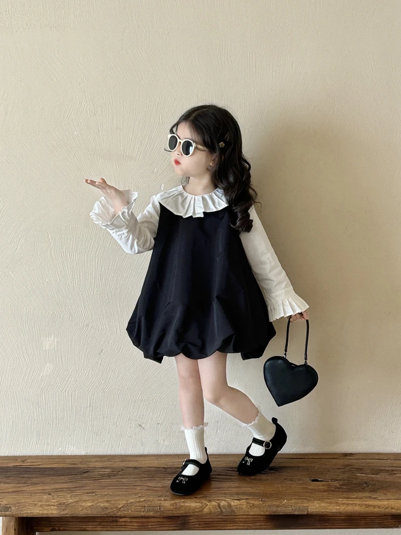 儿童韩版连衣裙2025春秋新款童装女童黑色背心裙 宝宝压褶领衬衫