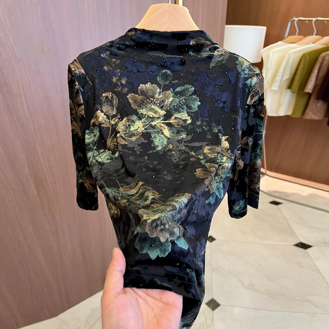 重工烫钻植绒花朵半高领短袖T恤女夏装薄款高端奢华洋气半袖上衣