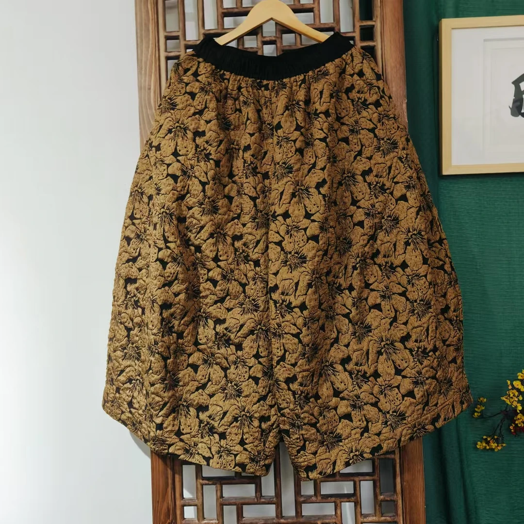 凤徕兮私人定制黑底咖色提花加衬全松紧花苞裤 (SK4205) 黑腰边