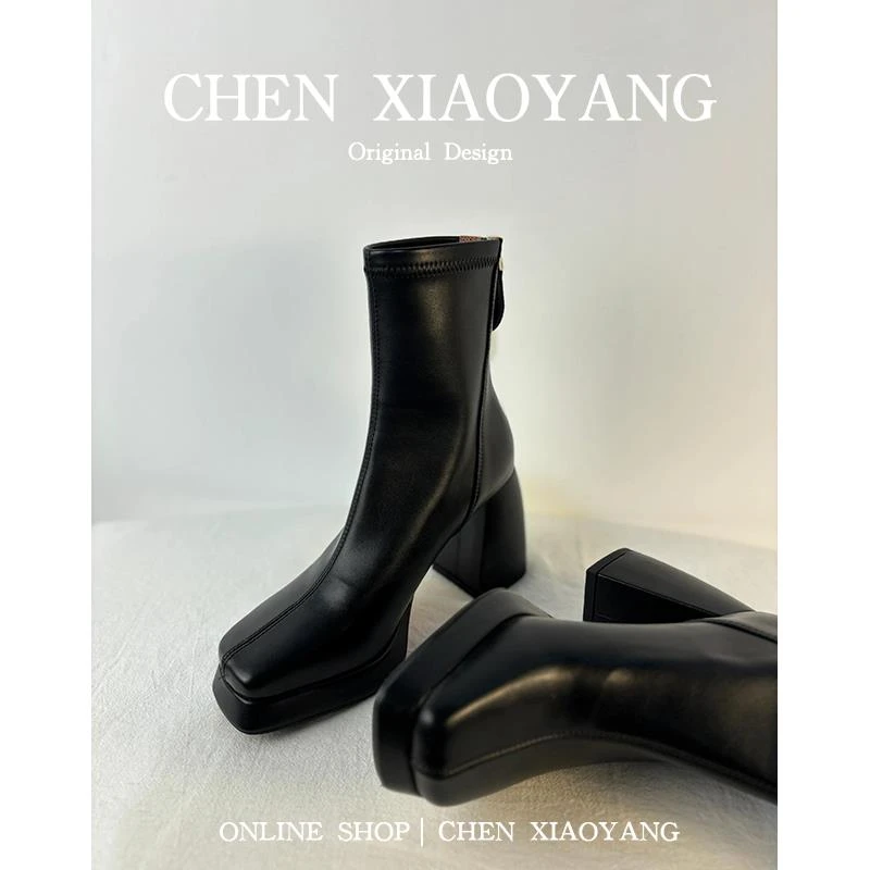 【CBMT旗舰店】正品复古方头高跟短靴新款软羊皮弹力靴小个子瘦瘦