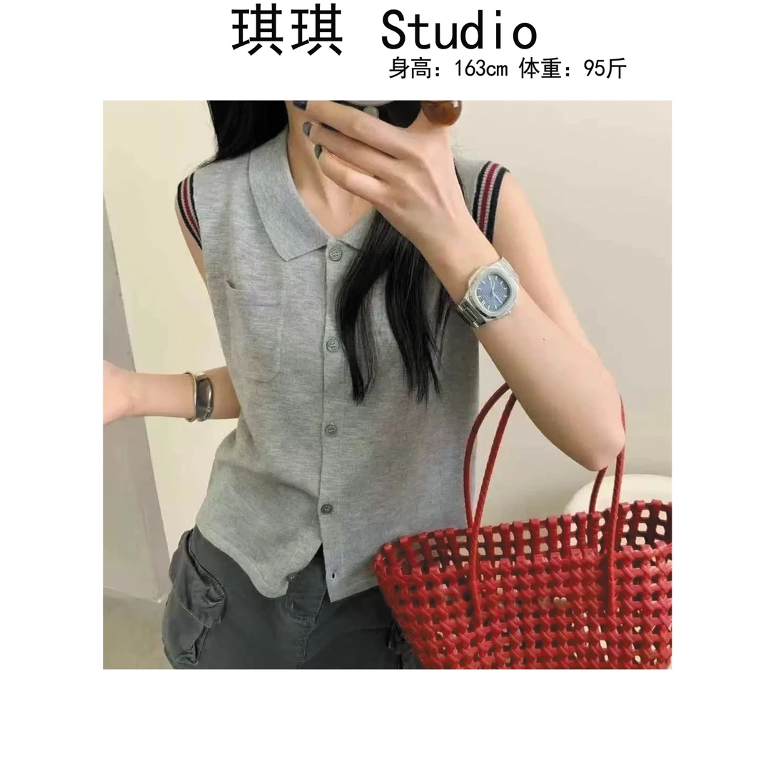 《琪琪家》夏季新款潮流气质时尚翻领排扣袖口拼色减龄上衣6984-S