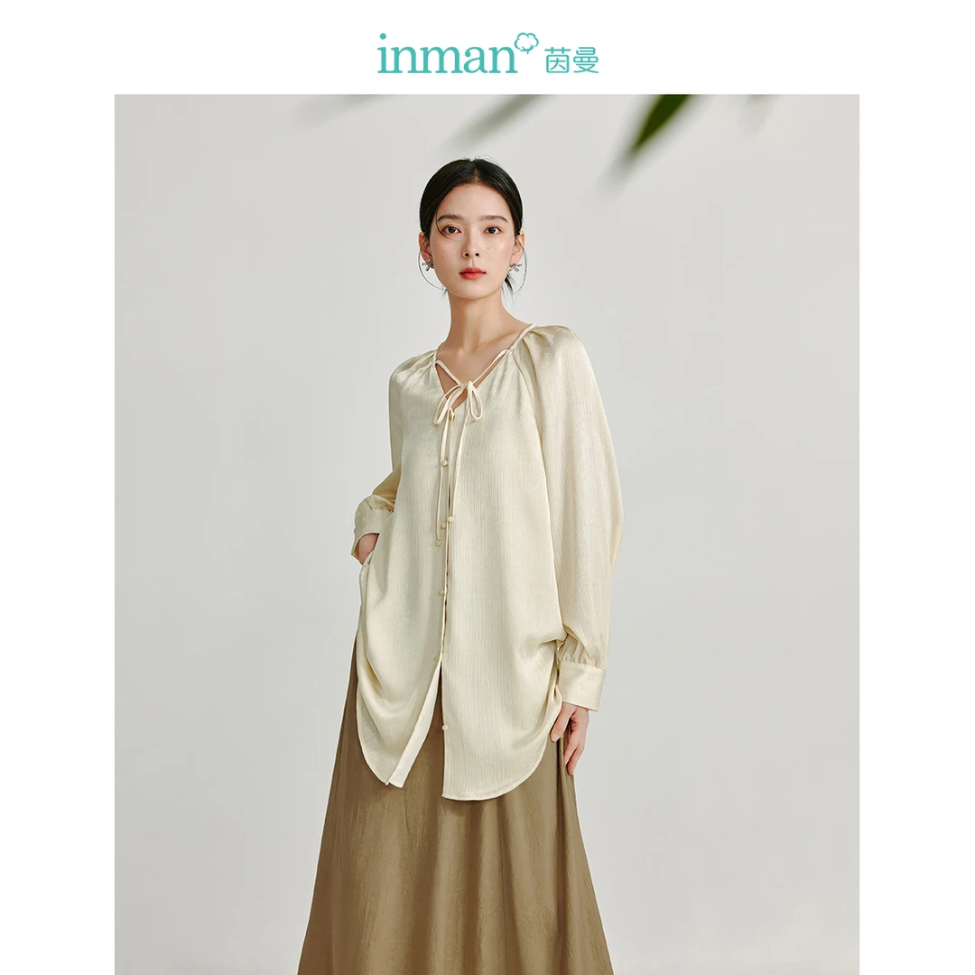 茵曼2024夏季新款女衬衫衬衣上衣长袖休闲宽松大通勤时尚纯色提花