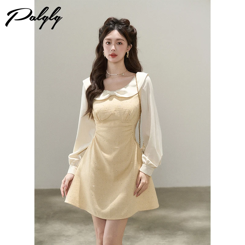 Palglg小香风圆领甜美连衣裙秋装高级感假两件a字裙53PDA44331
