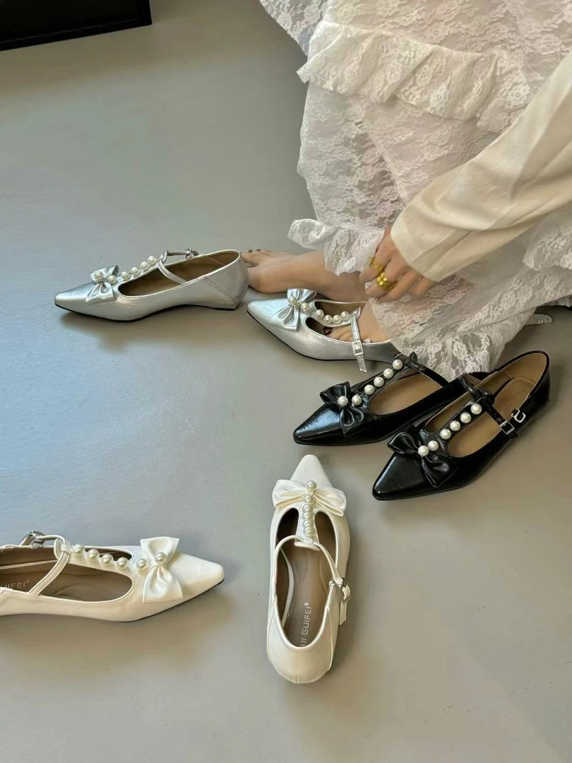 单鞋蝴蝶结尖头893-6方跟皮鞋复古百搭玛丽珍粗跟女鞋法式气质