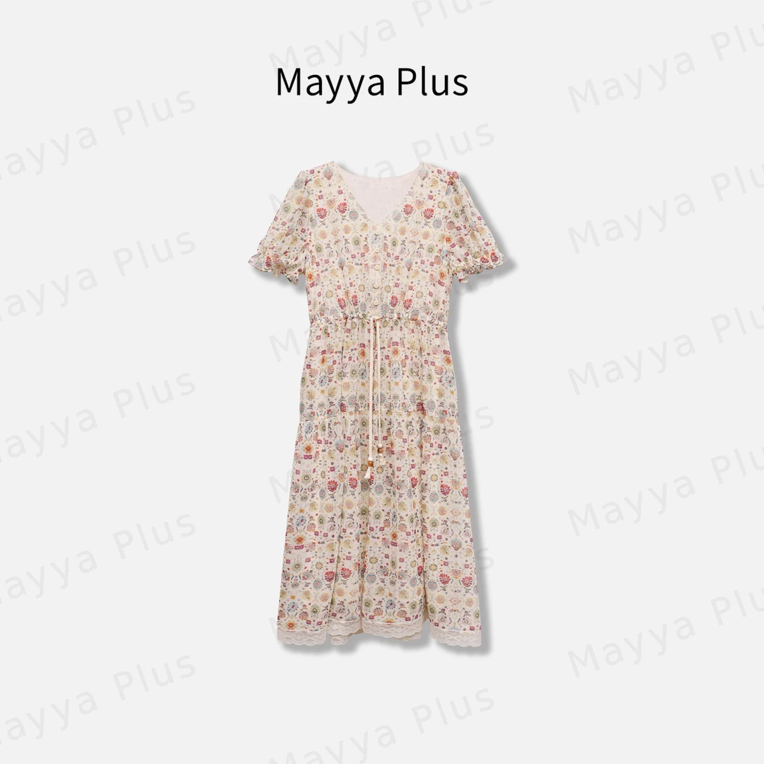【浪漫花海】MayyaPlus麦芽定制法式连衣裙v领蕾丝花边裙子32526788