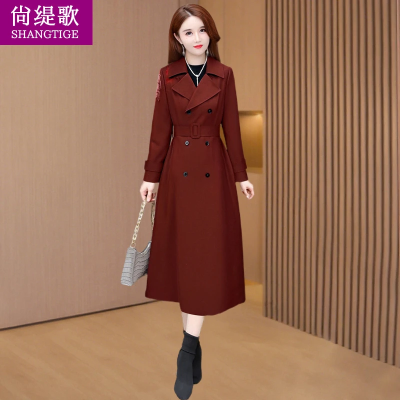 长款过膝风衣外套女春秋高级感减龄大气上档次酒红色喜婆婆婚宴装