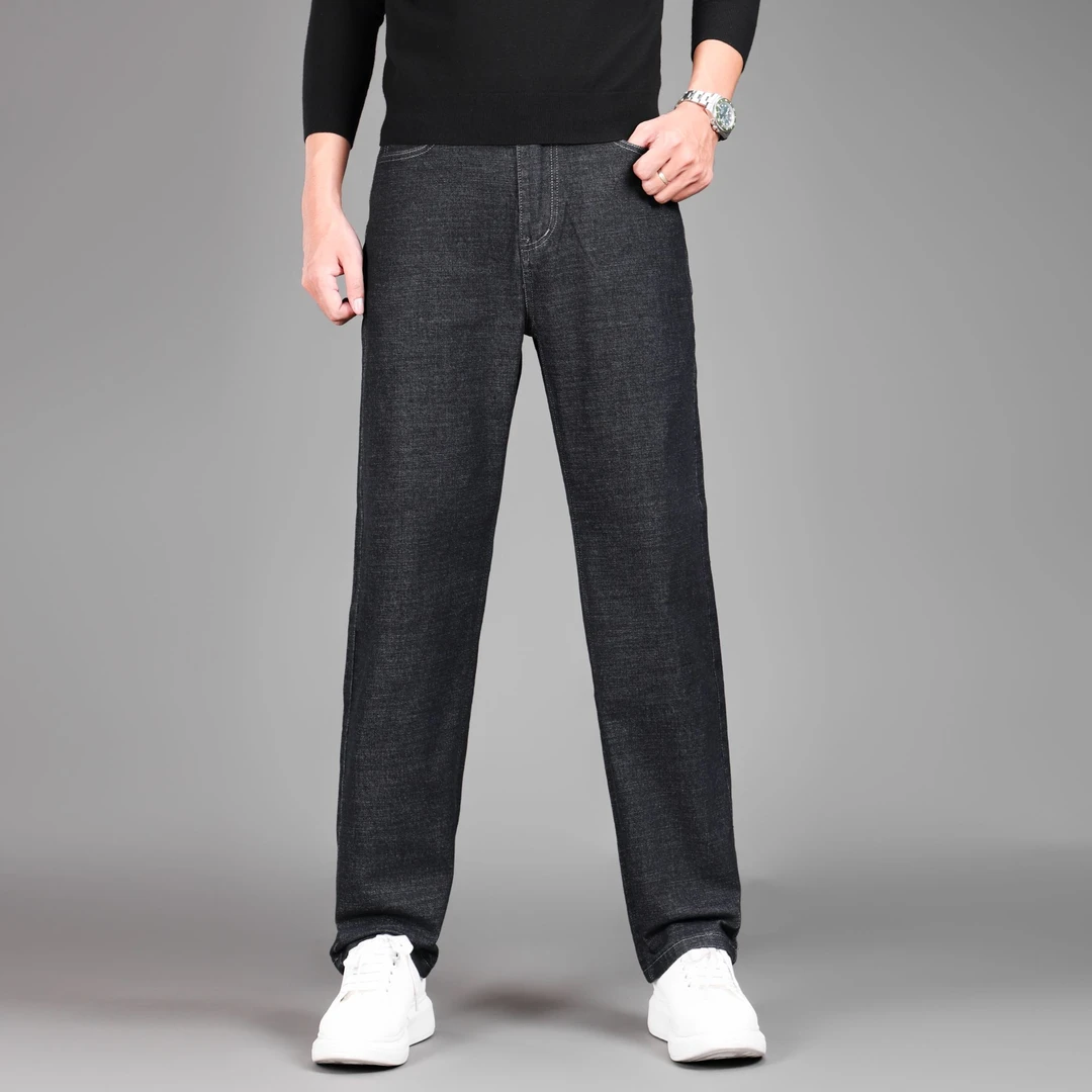 秋冬男士高腰宽松直筒休闲水洗棉牛仔裤时尚耐磨深裆大裤脚男款裤