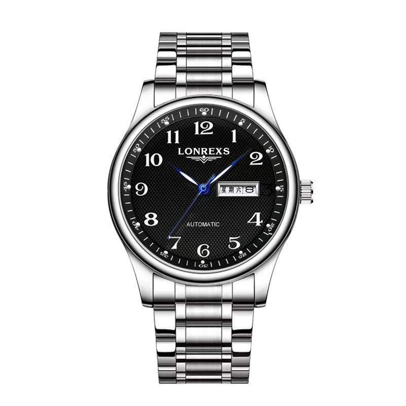 LONREXS正品黑盘男士手表双日历防水超薄时尚百搭潮流腕表