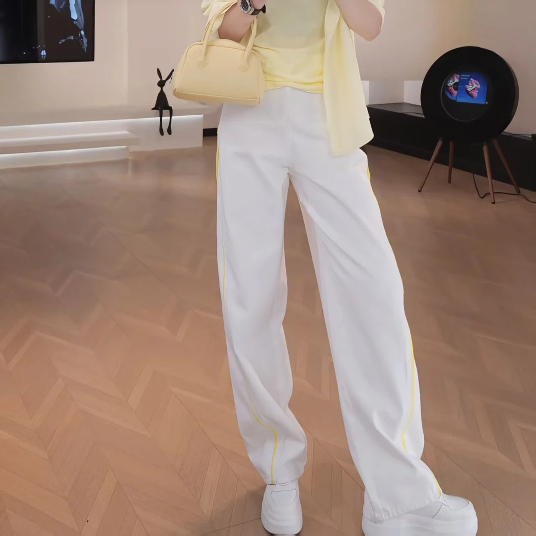 【辉煌白牛】春款百搭高腰时尚百搭阔腿明线拼色牛仔裤LK2501329