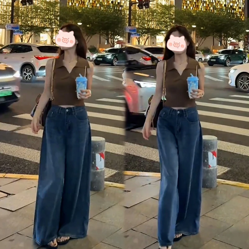 夏季穿搭一整套套装翻领设计纯色上衣短袖+宽松阔腿裤牛仔裤套装