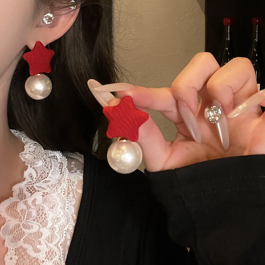 非金属仿珍珠耳饰 安可拉红显白五角星耳环秋冬爆款本命年耳饰