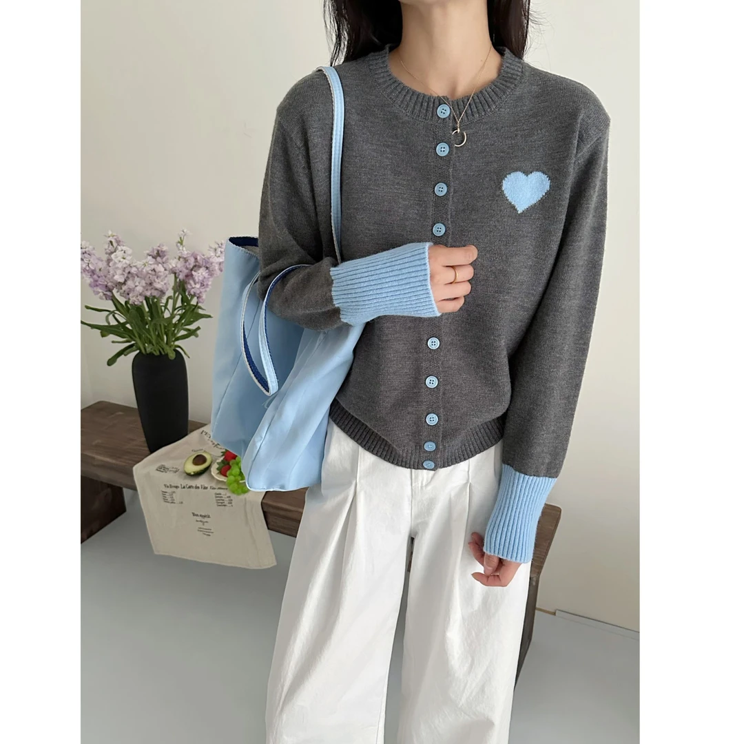 春季新款韩版拼色袖圆领爱心提花宽松百搭针织开衫上衣女1027