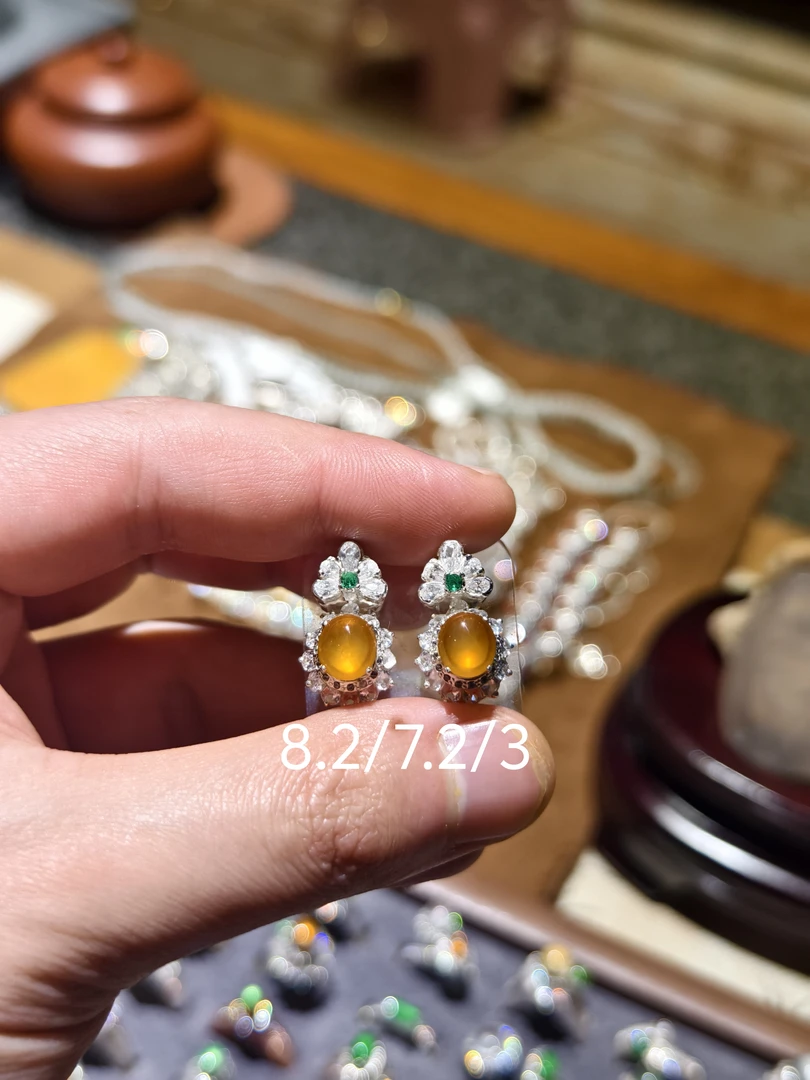 冰种翡翠冰黄翡色匀饱满金黄橘色橙色炸光少见精品蛋面戒面耳饰