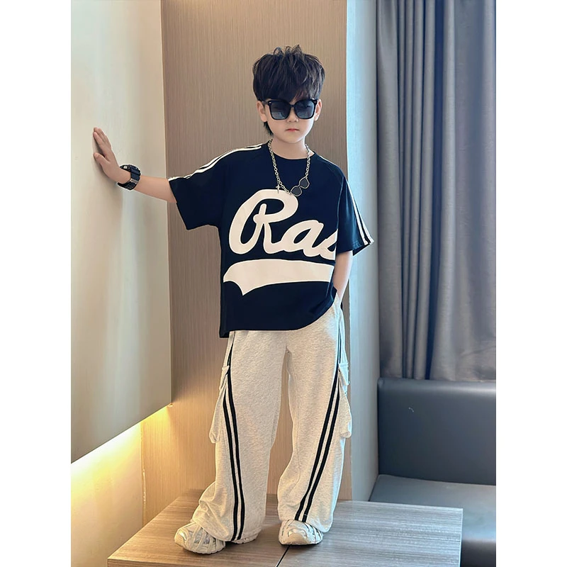 男童夏季时髦百搭潮流休闲拉条撞色长裤中大童帅气炸街文艺工装裤