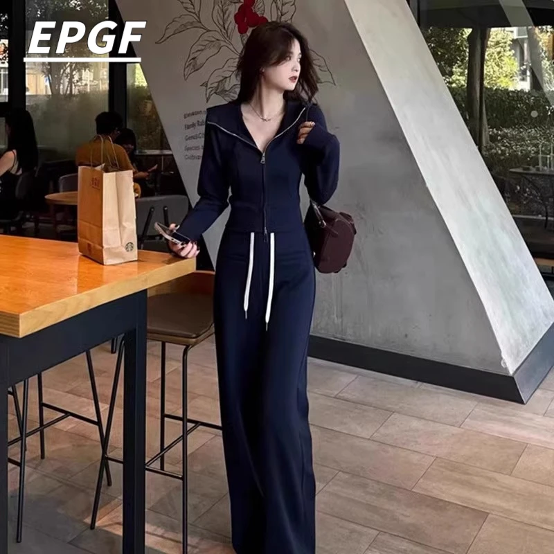 EPGF春秋穿搭一整套女2025新款运动风休闲连帽外套阔腿长裤两件套