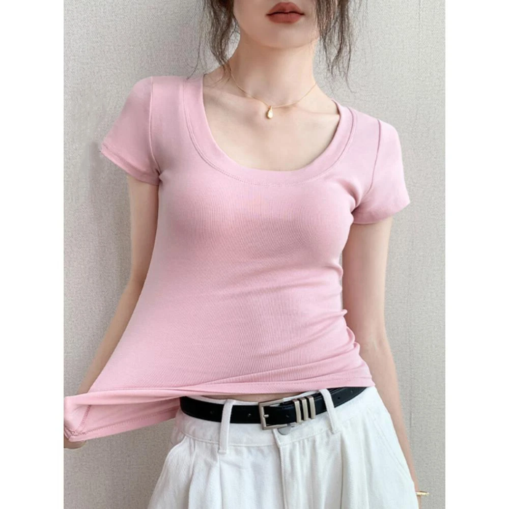 修身v领短袖t恤女短款正肩收腰显瘦半袖上衣修身白色打底衫双十一