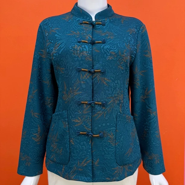 秋季新款提花盘扣长袖短款妈妈装时尚显瘦上衣