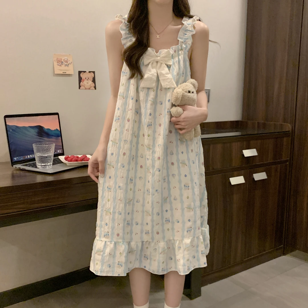 6985夏季女睡裙甜美可爱休闲宽松云朵棉外穿大码网红ins风带胸垫