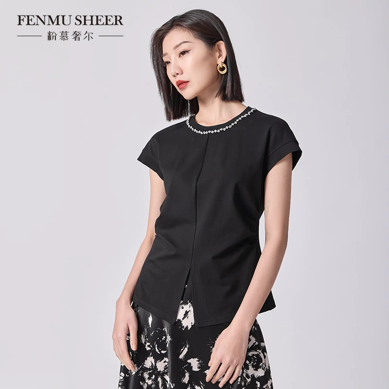【丽公主专属】粉慕奢尔『云锦春华』简约钉钻百搭肩前开叉T恤G2070