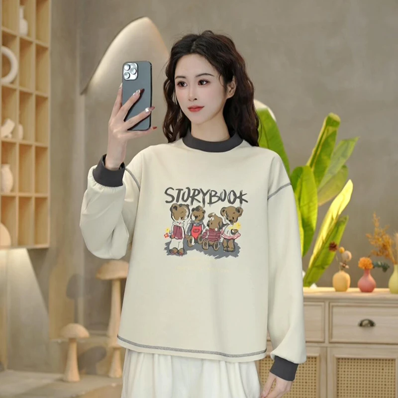 3712 春款薄款套头通勤圆领春季小熊印花卫衣女装长袖上衣女
