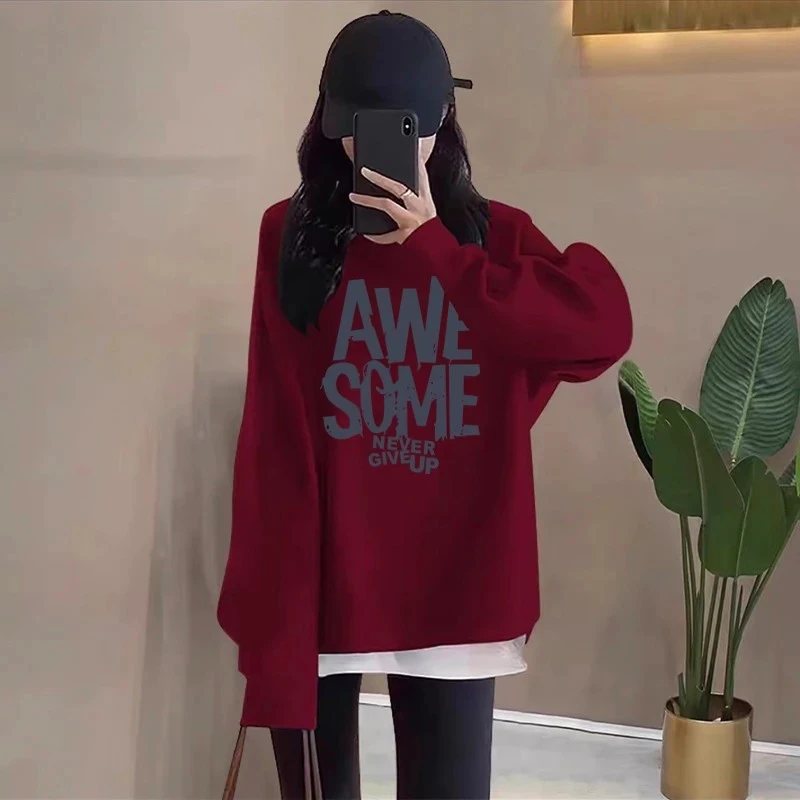 假两件圆领卫衣女2026秋冬新款宽松中长款遮屁股加绒加厚拼接上衣