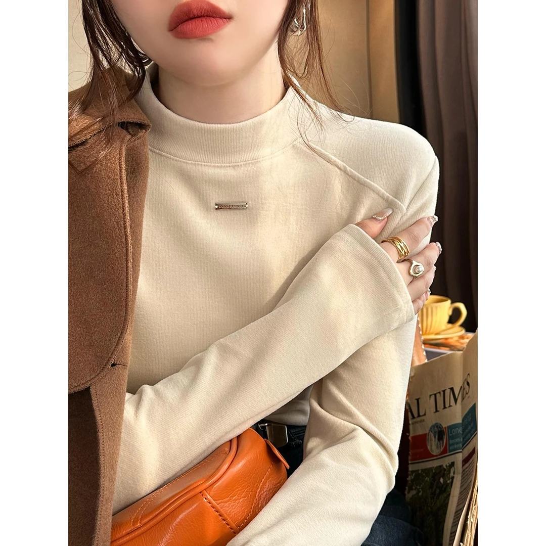 双面德绒半高领内搭打底衫女秋冬20254新款加绒t恤高内搭无帽卫衣