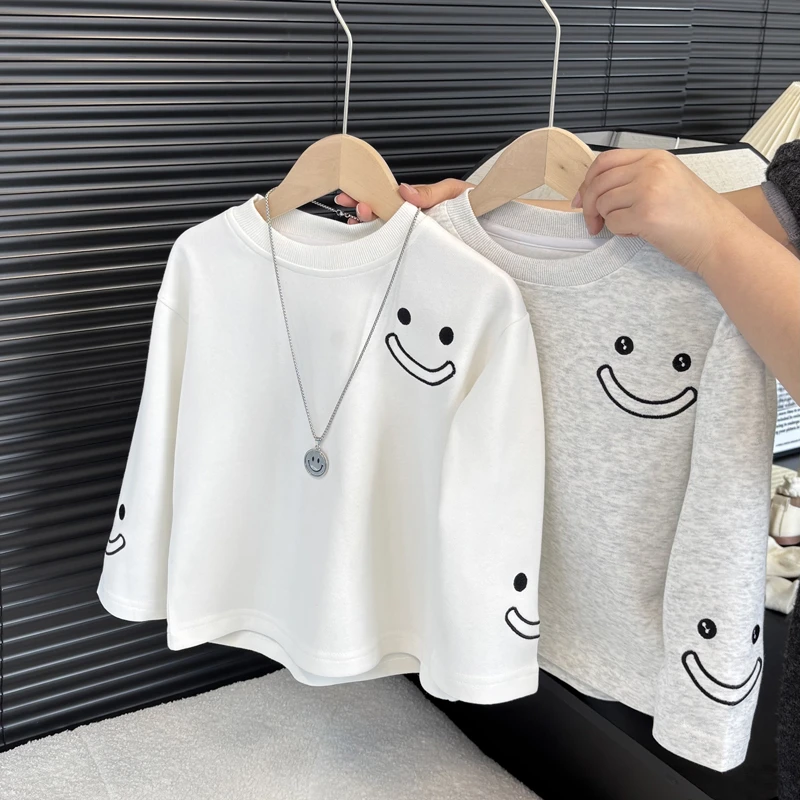 儿童长袖T恤早春秋装男童宝宝刺绣笑脸卫衣打底衫百搭欧若风童装