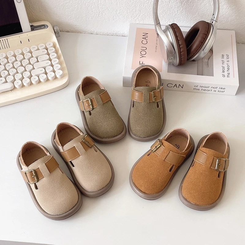 女童勃肯2025春秋季新款儿童平底舒适皮鞋男童时尚洋气百搭豆豆鞋