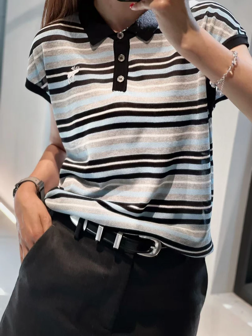 冰丝翻领条纹针织POLO衫