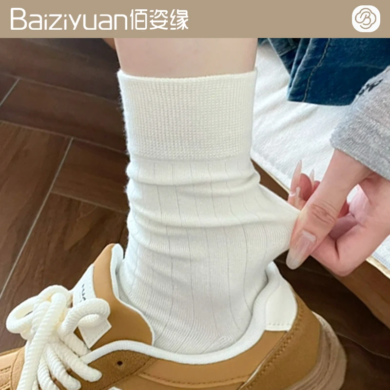 白色无骨袜子女纯棉春秋款中筒袜芭蕾风灰色搭配老爹鞋夏季堆堆袜