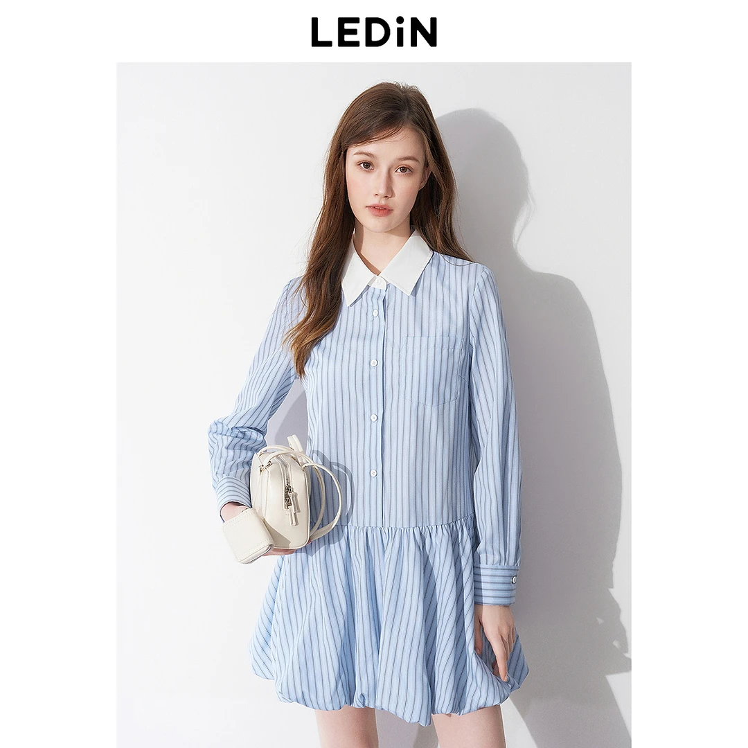 【欧若风】乐町撞色翻领美花苞连衣裙女25年春季新款长袖衬衫裙