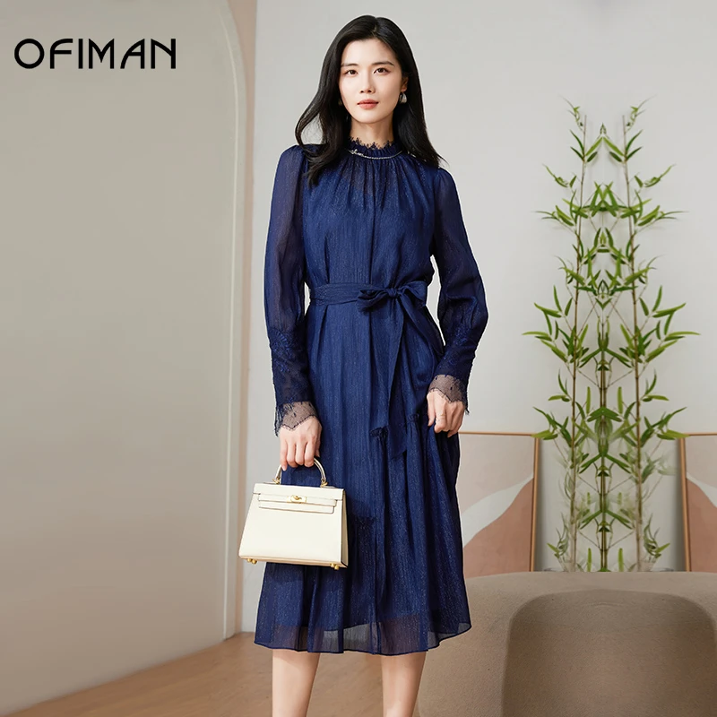 【小熊专属】Ofiman花边小立领中长款显瘦静谧蓝亮丝网纱拼接连衣裙