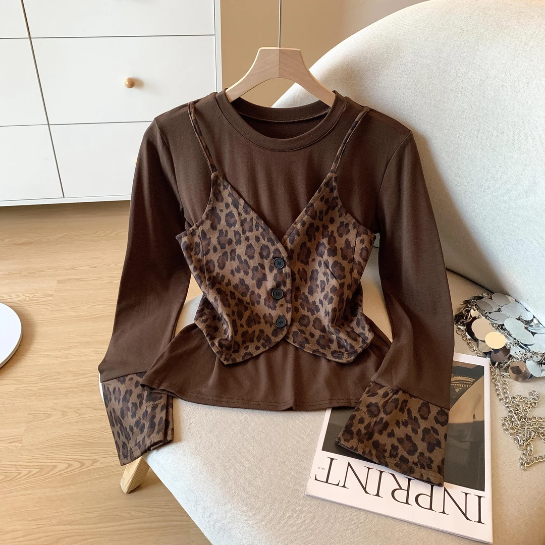 早秋复古辣妹豹纹马甲拼接假两件长袖上衣设计感小众显瘦绝美上衣