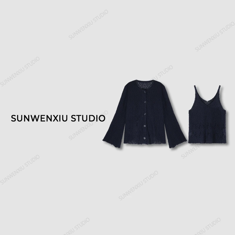 swx studio3店 “精致小女人”巨显白法式镂空钩花早秋针织两件套