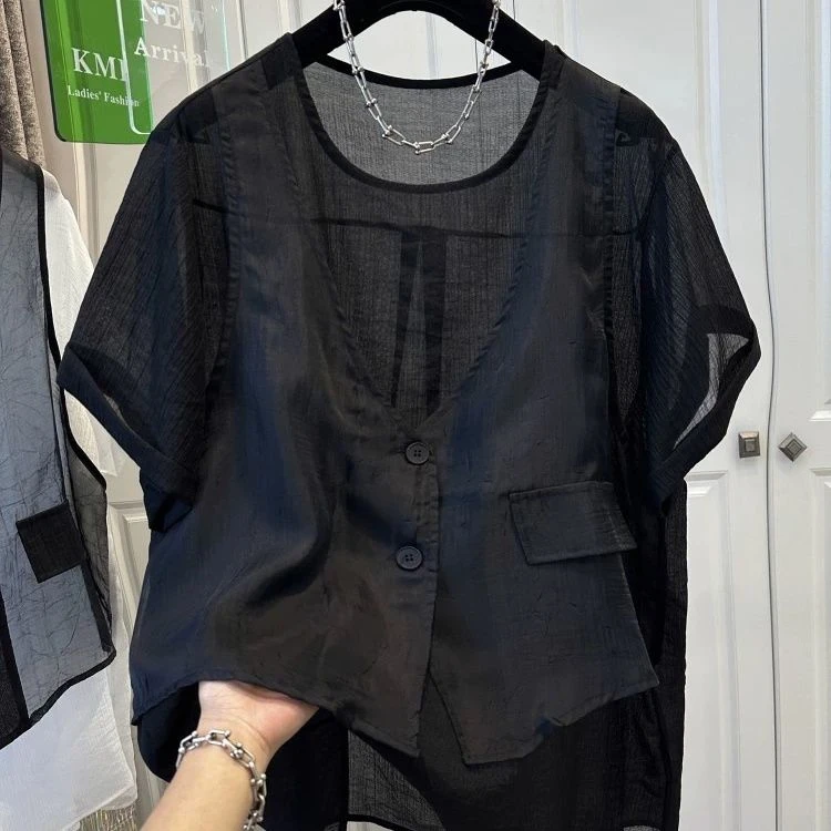 法式超大码300斤拼接别致薄款衬衣男女夏季网纱休闲假两件短袖T恤