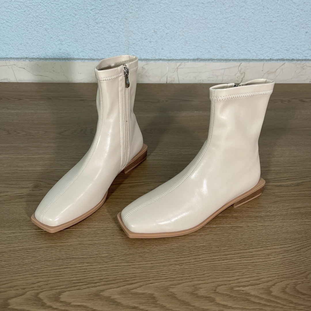 3cm  短筒靴秋新款弹力靴切尔西靴侧拉链简约低跟方头纯色短筒靴