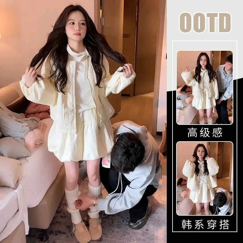 2025秋冬时尚百搭减龄棉服外套高腰半身裙可甜可盐炸街两件套装女