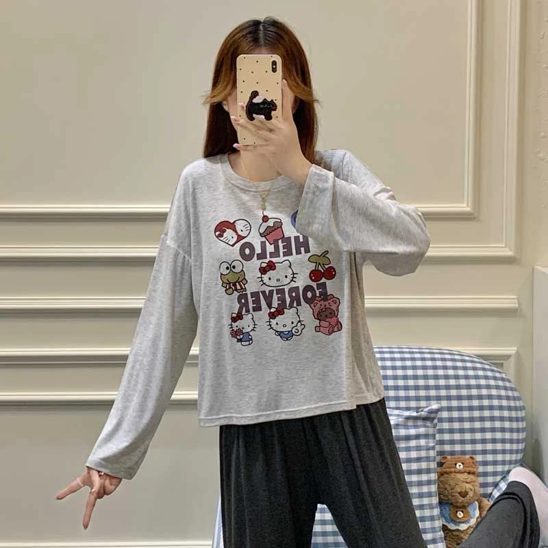 莫代尔圆领宽松显瘦长袖卡通睡衣女秋季新款百搭印花韩版家居服装