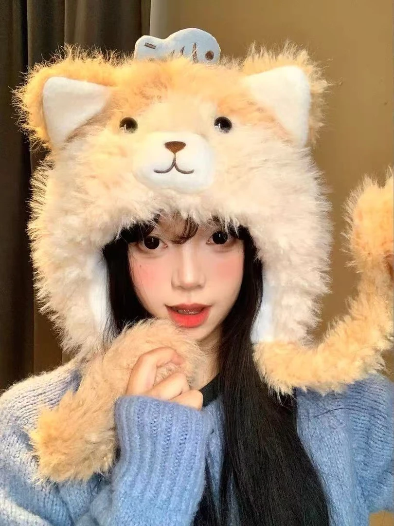秋冬ins新款可爱三花猫毛绒帽耳朵会动女拍照显脸小保暖防风防寒