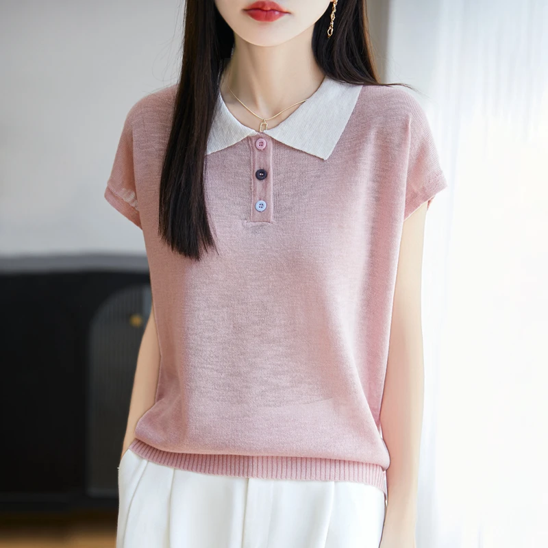 夏季竹节麻短袖女薄款POLO领撞色宽松显瘦套头半袖背心T恤