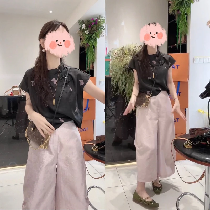 夏季新中式刺绣短袖上衣阔腿裤套装高定提花重肌理八分裤两件套