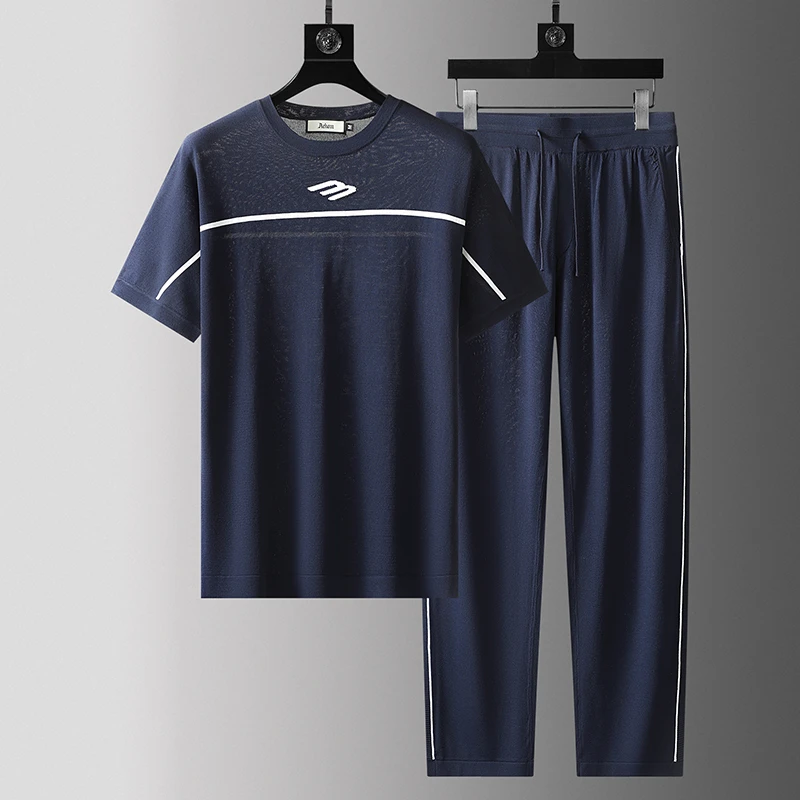 轻奢冰丝短袖运动套装夏季薄男士弹力透气舒适潮流针织休闲两件套