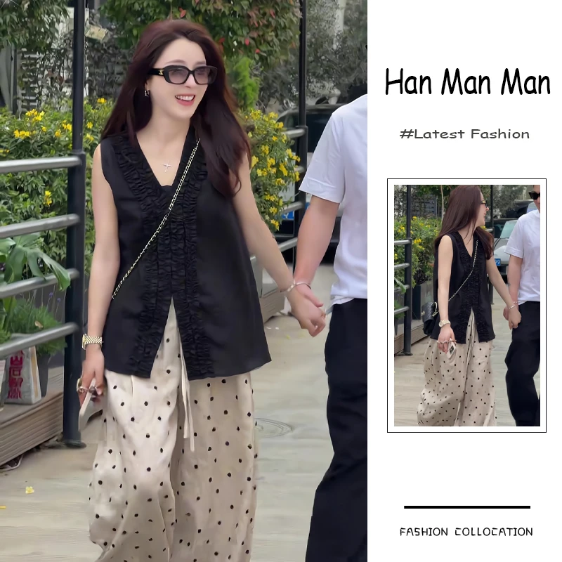 夏季流行穿搭一整套新款2025韩版高级感无袖背心波点阔腿裤两件套