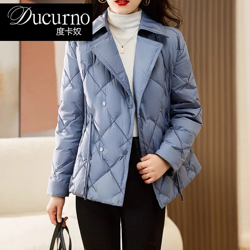 今年流行蓝色羽绒服女短款小个子收腰显瘦菱格冬装外套2025年新款