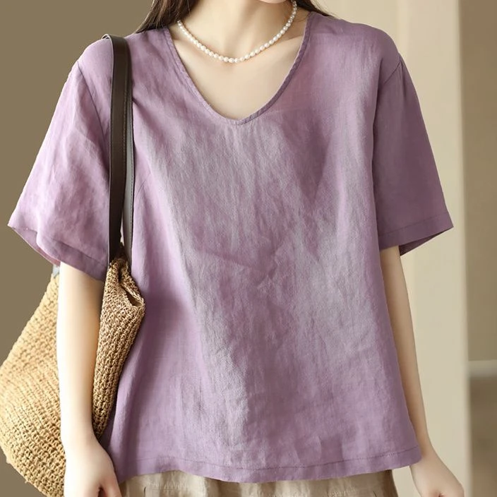 【现货+运费险】棉麻上衣女宽松显瘦V领短袖套头衫休闲T恤麻衫XK18