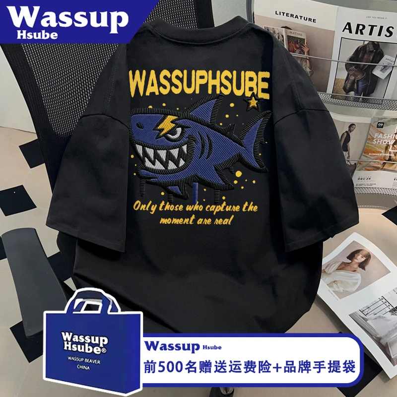 WASSUP HSUBE夏季纯棉男女短袖黑色上衣ins时尚鲨鱼印花中性风T恤
