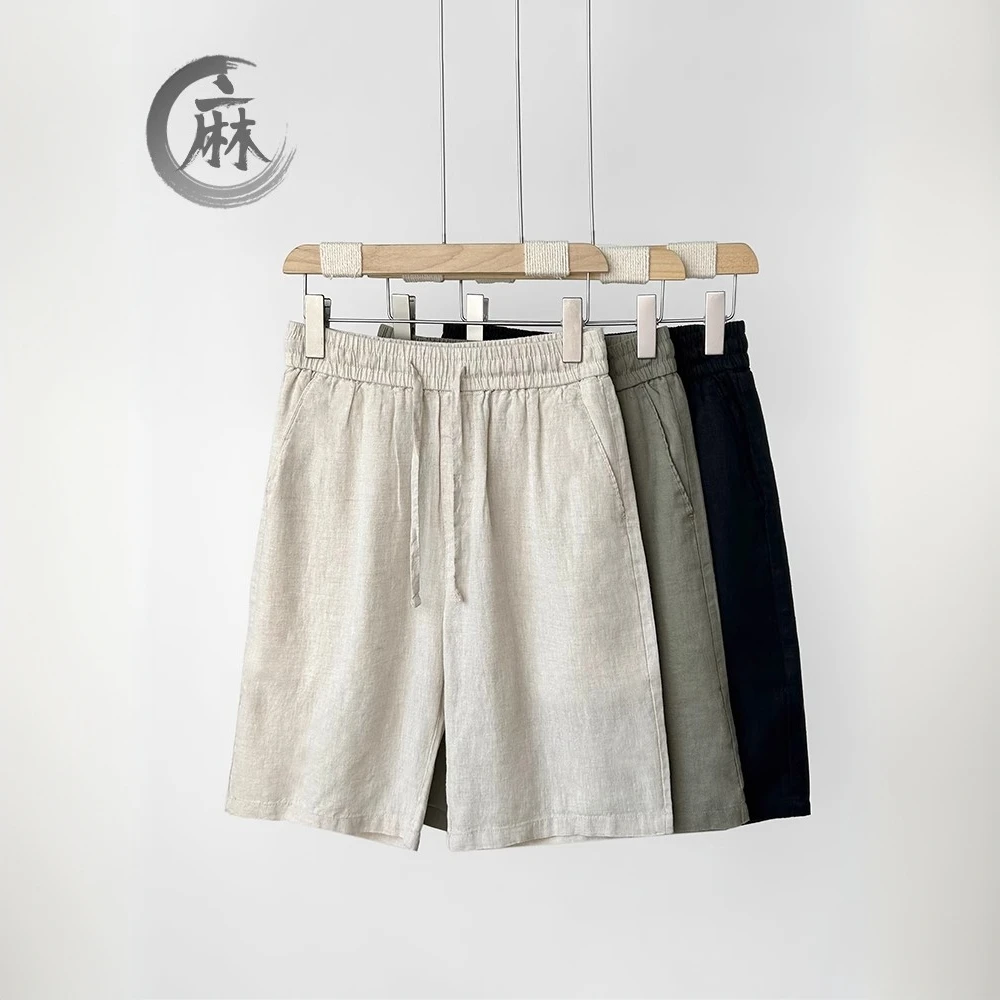 高端纯亚麻短裤男款夏季全麻料五分裤男士中裤外穿宽松休闲大裤衩
