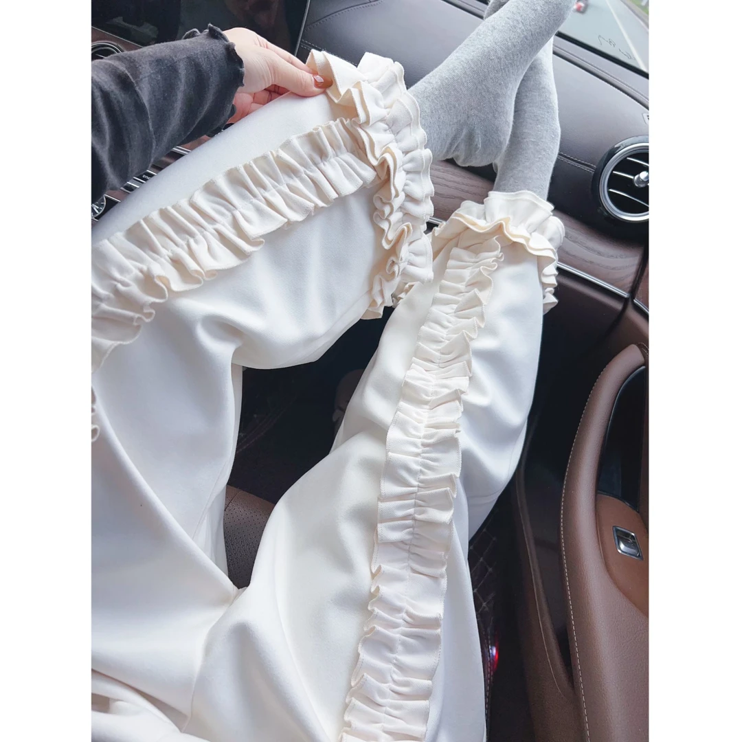 韩版褶皱木耳花边设计阔腿裤女冬季款潮流百搭加厚保暖直筒休闲裤