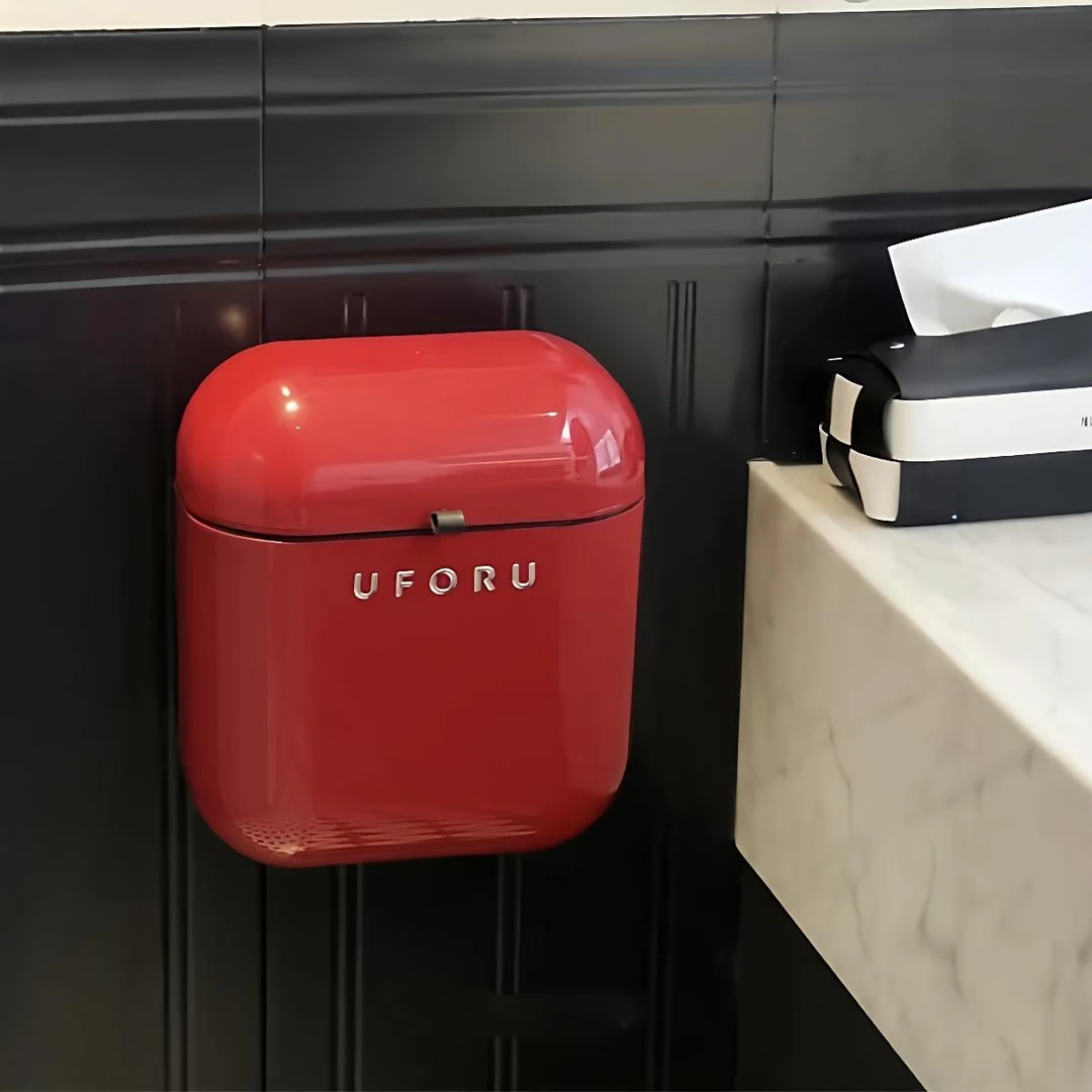 【乔迁好物】红色壁挂垃圾桶家用免打孔厨房卫生间厕所带盖垃圾桶