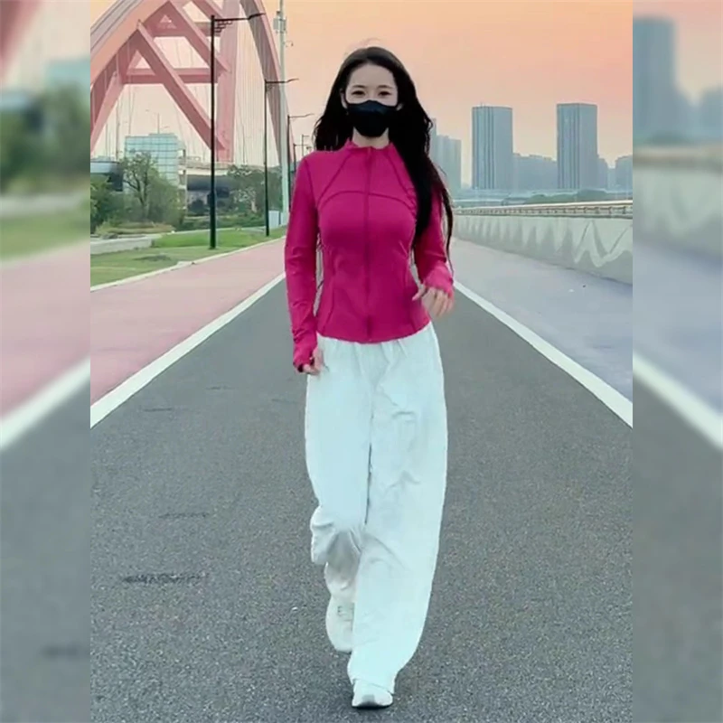 春夏新款气质运动瑜伽外套修身显瘦跑步服拉链上衣阔腿裤两件套女